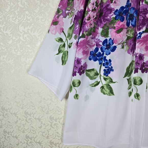 Susan Graver Cardigan Jacket Top sz L White Multicolor Floral Open Front Boho - Picture 4 of 12
